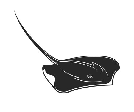 Ray, stingray or cramp fish vector black silhouette of sea and ocean underwater animal. Isolated marine fish of giant whiptail stingrayのイラスト素材