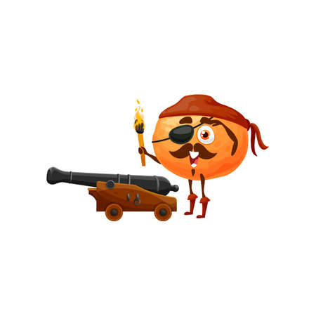 Clementine mandarin citrus fruit pirate corsair emoticon isolated funny cartoon character gun and burning torch. Vector exotic tropical food dessert with mustaches, tangerine in buccaneer bandanaのイラスト素材