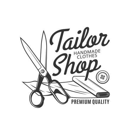 Tailor shop icon of sewing tools and fabric, fashion vector design. Scissors, button and roll of textile isolated monochrome symbol of dressmaker or fashion designer studio and atelier salonのイラスト素材