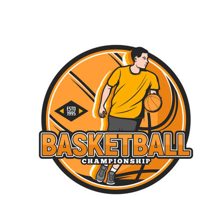 Basketball player icon for sport team or club emblem, streetball vector badge. Basketball victory cup championship or varsity tournament sign with basketball ball and playerのイラスト素材