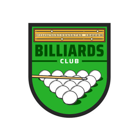 Billiards club icon of vector snooker balls and pool cue on green table with scoreboard. Billiards sport shield badge with billiard game equipment of pool tournament or snooker championship leagueのイラスト素材