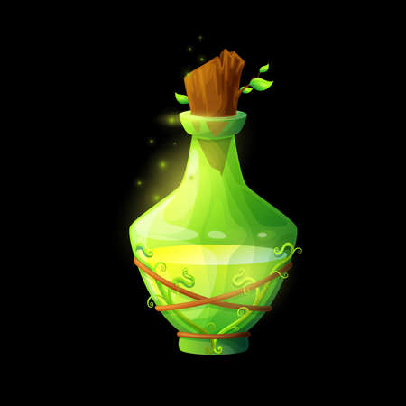Potion bottle with nature energy. Cartoon vector glass flask with green glow magic elixir. Earth power wizard spell in crystal jar with plant roots or vine. Glowing witch poison, ui game nostrum assetのイラスト素材