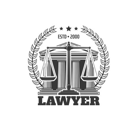 Lawyer icon with courthouse building, scales of justice and laurel wreath. Advocacy company vintage icon, legal agency or firm monochrome vector symbol, justice and law retro emblemのイラスト素材