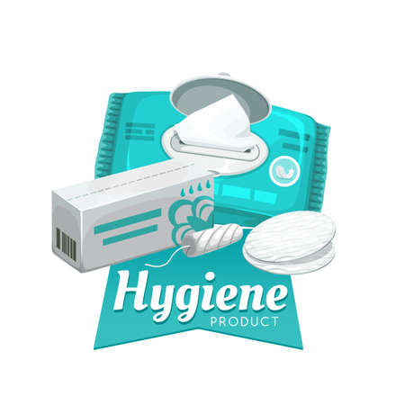 Woman hygiene icon with personal care items of wet wipes and tampons, vector. Personal hygiene and female toiletries, cosmetic cotton pads with napkin or wet towels and paper tissue packのイラスト素材