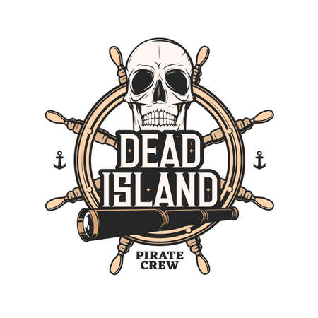 Pirate crew icon with vector skull, helm of sea ship or sail boat, anchors and vintage spyglass. Dead island emblem with isolated skeleton head of pirate sailor, captain, buccaneer or flibustierのイラスト素材