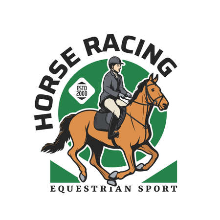 Horse racing sport emblem with jockey on stallion. Equestrian sport racing tournament, horse ridding club championship vector retro icon, label or badge with rider on running horseのイラスト素材