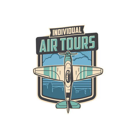 Individual air tour icon. Air travel vector emblem with propeller airplane flying over cityscape. Aircraft business promotional label, plane jet flight traveling service, airline adventure voyageのイラスト素材