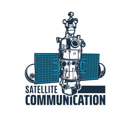 Telecommunication satellite icon. Internet communication and data transfer, TV broadcasting and telephony communication technology vector emblem or symbol with modern artificial satelliteのイラスト素材