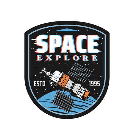 Space explore icon of vector international space station, satellite or spaceship with universe planet, Earth and stars. Spacecraft technologies for cosmos exploration retro badge with glitch effectのイラスト素材