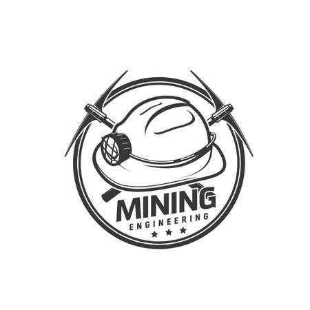 Mining and engineering icon of mine industry, vector emblem of miner hat and pickaxe. Coal or ore mining or quarry excavation factory sign with miner work tools, crossed pickaxe and hardhat with lampのイラスト素材
