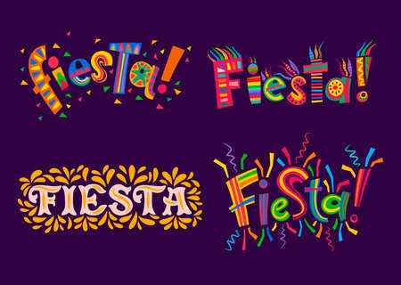 Fiesta party Mexican, Spanish and Latin holiday carnival. Vector bright color festive lettering with latino ornaments of ethnic geometric pattern and colorful leaves motif, confetti, gold foliageのイラスト素材