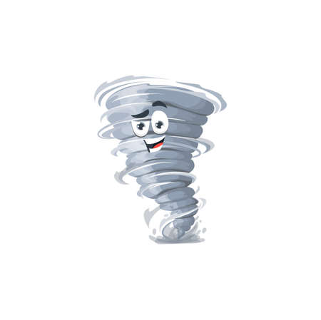 Cartoon tornado character, storm, whirlwind twister, cyclone character. Vector funnel with funny smiling face. Weather forecast, web design element, hurricane vortex, isolated swirl or twist whirlのイラスト素材