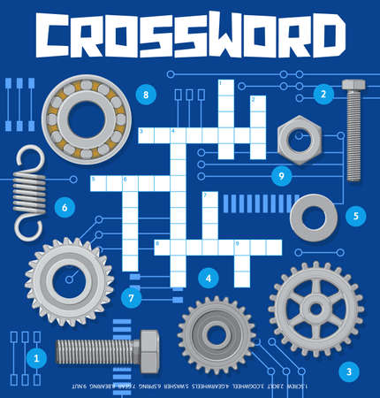 Mechanical spare parts crossword grid worksheet. Find a word quiz game, children educational playing activity, kindergarten child vocabulary game or puzzle with metal gear cogwheels, bolts and springsのイラスト素材
