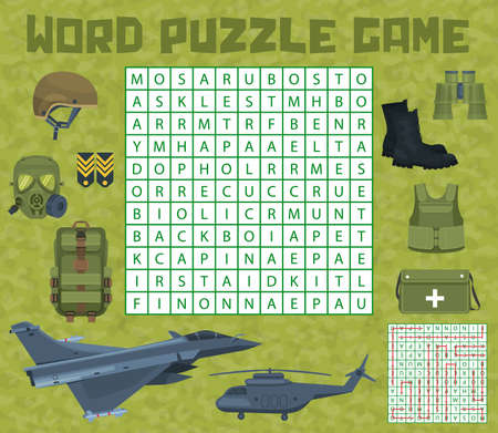 Army military ammunition and weapons on word search puzzle quiz game worksheet. Child quiz grid, educational puzzle or text game, kids playing activities book vector page with army soldier ammunitionのイラスト素材