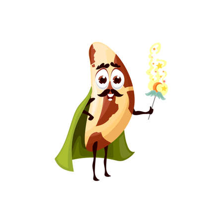 Funny Brazilian nut wizard or magician character with magic wand, vector icon. Cartoon Brazilian nut as fairy tale magician or sorcerer warlock with magic spell of stars on wand, food characterageのイラスト素材