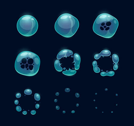 Soap bubble burst effect animated sprite, transparent bubble explosion. Vector animation for game storyboard of cartoon water sphere explosion with splash and drops. Set of balloons sequence explodeのイラスト素材