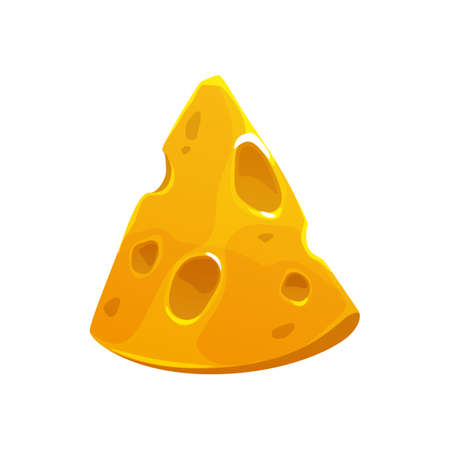 Cartoon isolated yellow cheese cheddar, dairy product food, vector flat icon. Lump or piece of Maasdam or Dutch and Swiss cheese with holes, gourmet cuisine and cooking or sandwich ingredientのイラスト素材