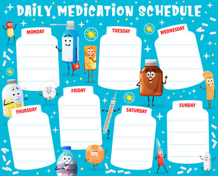 Daily medication schedule worksheet with cartoon vector drugs, pill and medication characters. Weekly planner, medication schedule or health plan, funny pills, thermometer, capsules and spray bottleのイラスト素材