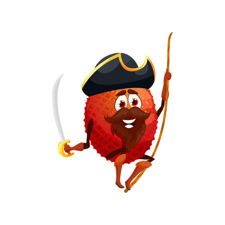 Red lychee fruit pirate emoticon cartoon character isolated lychee in corsair hat on rope with sword. Vector summer food dessert with beard, buccaneer funny emoji hero marine seafarer rambutanのイラスト素材