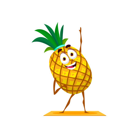 Pineapple tropical fruit isolated cartoon character funny emoticon on sport trainings. Vector exotic ananas with bunch of leaves, tropical food dessert. Summer fruit, juicy vegetarian food on pilatesのイラスト素材