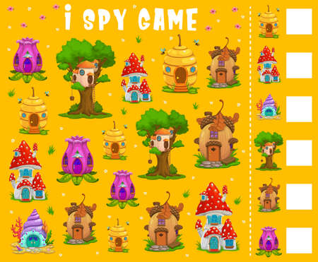 I spy kids game with counting fairy houses task. Children riddle with cartoon vector nest on tree, acorn and beehive, mushroom and flower fantasy dwellings. child math puzzleのイラスト素材