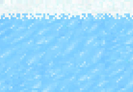 Cubic pixel game, snow, ice and water blocks background pattern, vector. Winter landscape, cartoon pixel blue Christmas snow, 8 bit art Arctic polar scene for UI game, snowy sea or ocean frostのイラスト素材