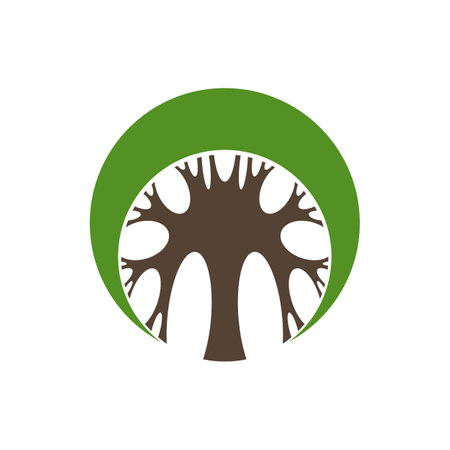 Round garden tree icon with green leaf, vector eco organic and nature life concept design. Tree plant silhouette symbol for ecology and environment, education or forest park gardeningのイラスト素材