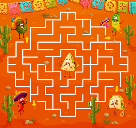 Labyrinth maze game with mexican food characters in desert. Child playing activity with finding way, cartoon vector labyrinth game riddle with nachos, burrito and jalapeno pepper, avocado, tacosのイラスト素材