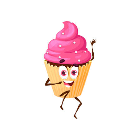 Cartoon funny dancing cupcake character, vector muffin dessert with pink cream and sprinkles. Bakery character with funny face waving hand. Cake bakehouse production, kawaii confectionery sweetsのイラスト素材
