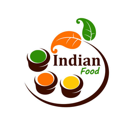 Indian cuisine spice icon. Asian food seasonings and hot spices, indian food restaurant vector symbol or emblem with orange and green culinary herbs leaves, dishes with coriander, mustard and pepperのイラスト素材