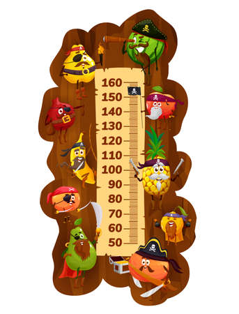 Kids height chart, cartoon fruits pirates and corsairs, vector growth meter. Kids tall measure ruler with orange and apple with sabers and pistol guns, banana and pear, garnett, peach, watermelonのイラスト素材
