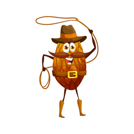 Cartoon almond nut cowboy character with lasso. Vector horseman peeled seed wear hat, belt and boots. Brave ranger fresh funny grain with rope, isolated fantasy character, healthy food, vitaminのイラスト素材