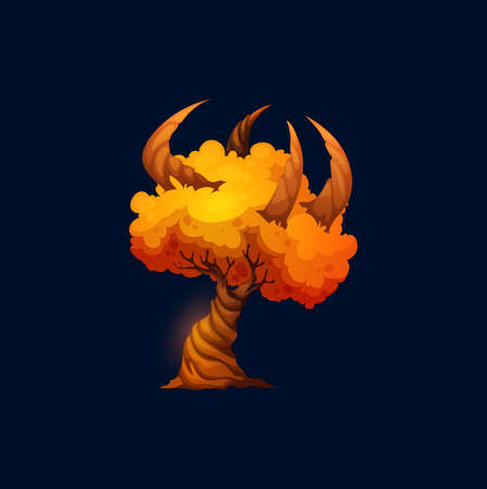 Fantastic alien magic tree, vector fantasy fairy plant with unusual horns in orange crown. Nature element for computer game or fairytale book, strange wood tree cartoon isolated single objectのイラスト素材