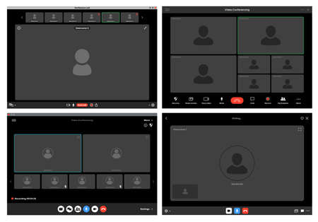 Videocall interface screen vector template, web chat ui. Video call windows of online conference or webinar with buttons and user icons, computer or mobile phone app, remote communicationのイラスト素材