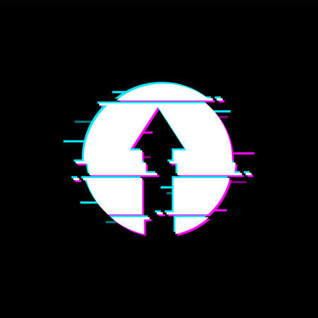 Up arrow button with glitched effect in digital noise circle isolated pointer web navigation design element. Vector next or above sign, cursor with display malfunction, signal loss or glitched screenのイラスト素材
