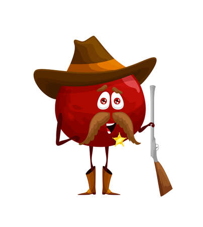 Cartoon pomegranate ranger or sheriff character, kids fruit personage. Funny vector pomegranate fruit with mustaches in sheriff hat with Western ranger rifle gun or shotgun and golden star badgeのイラスト素材