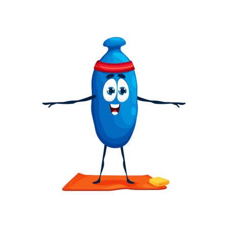 Cartoon funny honeyberry on yoga. Vector cute berry character pilates or fitness, honeysuckle sports mascot in yogi pose stand on mat. Woodbine character at stretching class, health care yoga practiceのイラスト素材