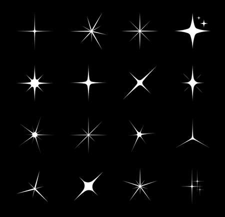 Star sparkle and twinkle, star burst and flash. Isolated vector glitter, bright light, magic shine, spark, flare or glow of white stars on black background, starburst or explosion glare effectsのイラスト素材
