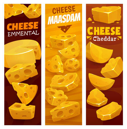 Maasdam, Emmental and Cheddar cheese banners, vector dairy food. Milk farm store or gourmet shop background with cheese slices and lumps of Parmesan, Swiss cheese Gouda and Edam with holesのイラスト素材