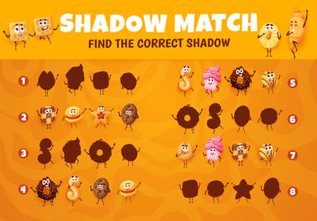 Cartoon cookies, desserts and bakery characters on shadow match game worksheet. Preschool children logical riddle, quiz or intelligence game vector sheet with funny cupcake, croissant and donutのイラスト素材