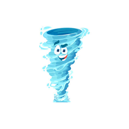 cartoon tornado cheerful character. Storm, whirlwind twister or cyclone vector character with blue water drops and smiling face. Hurricane or typhoon, thunderstorm weather forecast vector iconのイラスト素材