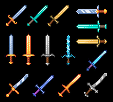 Pixel game swords weapon, game asset. Vector vintage pixel art 8bit elements, medieval fantasy blades. Retro sprite magic daggers, computer graphic 2d objects, knight or viking armor isolated setのイラスト素材