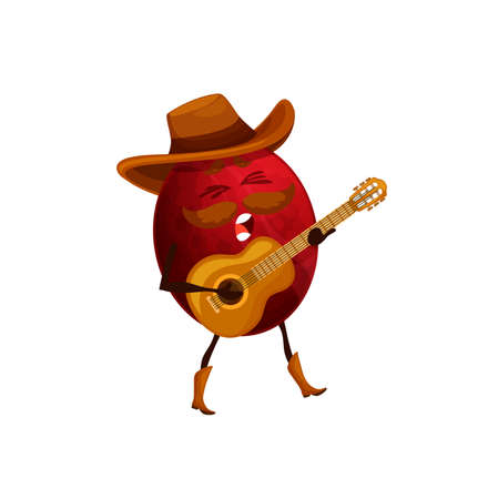 Cartoon passion fruit cowboy with guitar. Funny vector tropical fruit sheriff or ranger character playing on guitar and singing songs. Wild west mustached character, healthy foodのイラスト素材