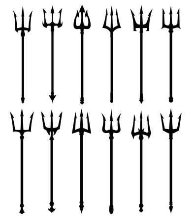 Devil trident fork silhouettes, Poseidon, Neptune or Triton spear weapon, vector pitchfork icons. Marin trident as nautical symbol of sea and ocean god, nautical harpoon or Zeus pitchforkのイラスト素材