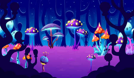 Fantasy alien mushrooms in forest, game level landscape or scene location. Fairy cartoon luminous mushrooms and neon sparkling toadstools on alien planet forest vector background for gameのイラスト素材