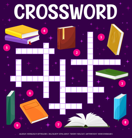 Books and literature crossword grid worksheet. Find a word quiz game, kids text riddle or children vocabulary tests book vector page, child playing activity. Kids intelligence puzzle with booksのイラスト素材