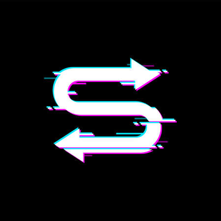 Curved arrows pointers isolated circle arrow navigation design pointer with glitch effect. Vector bug on ui game interface panel, cursor and loss signal glitched screen digital noise, left and rightのイラスト素材