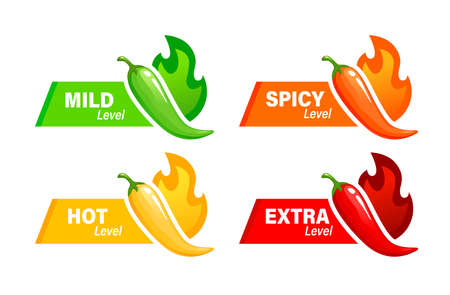 Hot spicy level labels of vector spice food or sauce with mild, extra, spicy and taste hot taste indicators scale. Isolated chili pepper, jalapeno, cayenne and habanero with red, orange, green, yellow fireのイラスト素材