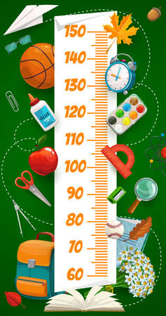 Kids height chart with school book and bag, stationery and sport items, vector growth measure ruler. Kid baby tall size measurement scale with school education copybook, ruler and watercolorsのイラスト素材