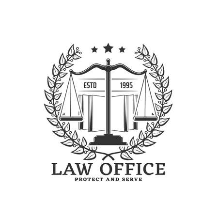 Law office icon with laurel wreath and scales of justice. Attorney service retro emblem, lawyer or notary firm monochrome vector stamp, justice and advocacy company badgeのイラスト素材